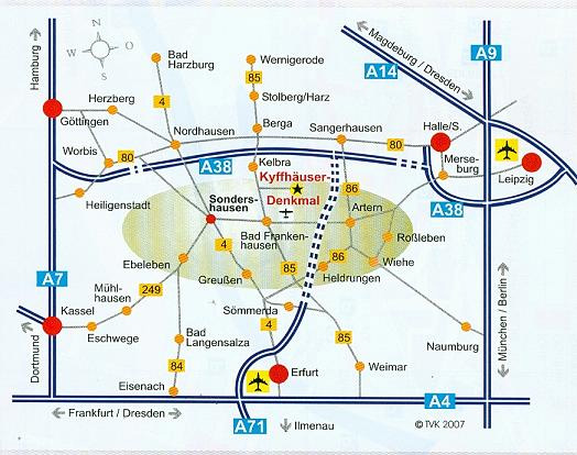 Karte - Die Anfahrt nach Sondershausen. Reiterhof und Pension Nucke in Sondershausen.